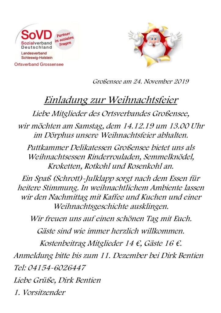 SoVD Einladung zur Weihnachtsfeier Großensee