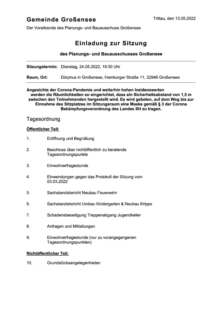 thumbnail of 2022-05-24 Einladung zur Sitzung des Planungs- und Bauausschusses Großensee